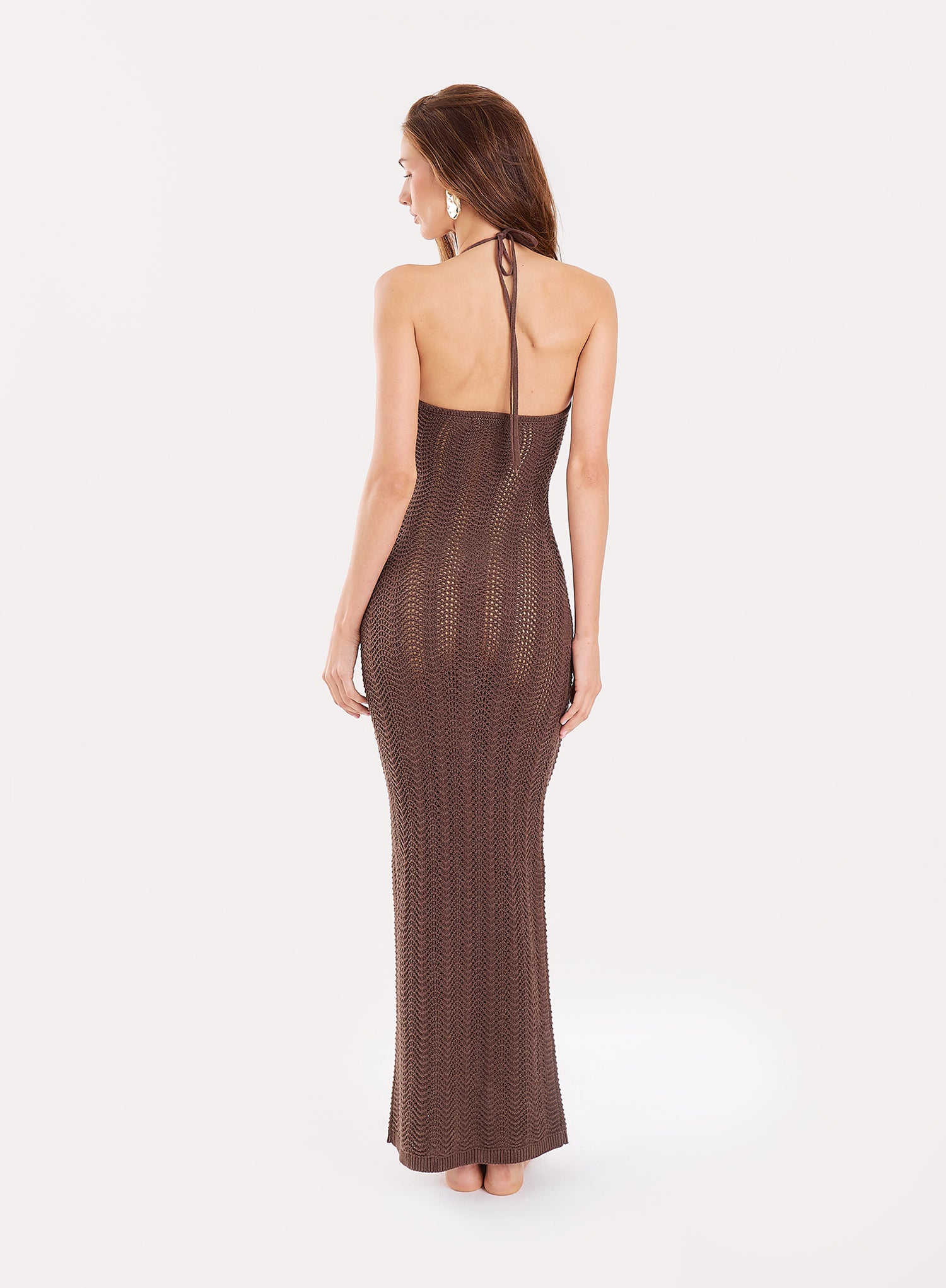 Chocolate Cut Out Knitted Halterneck Maxi Dress